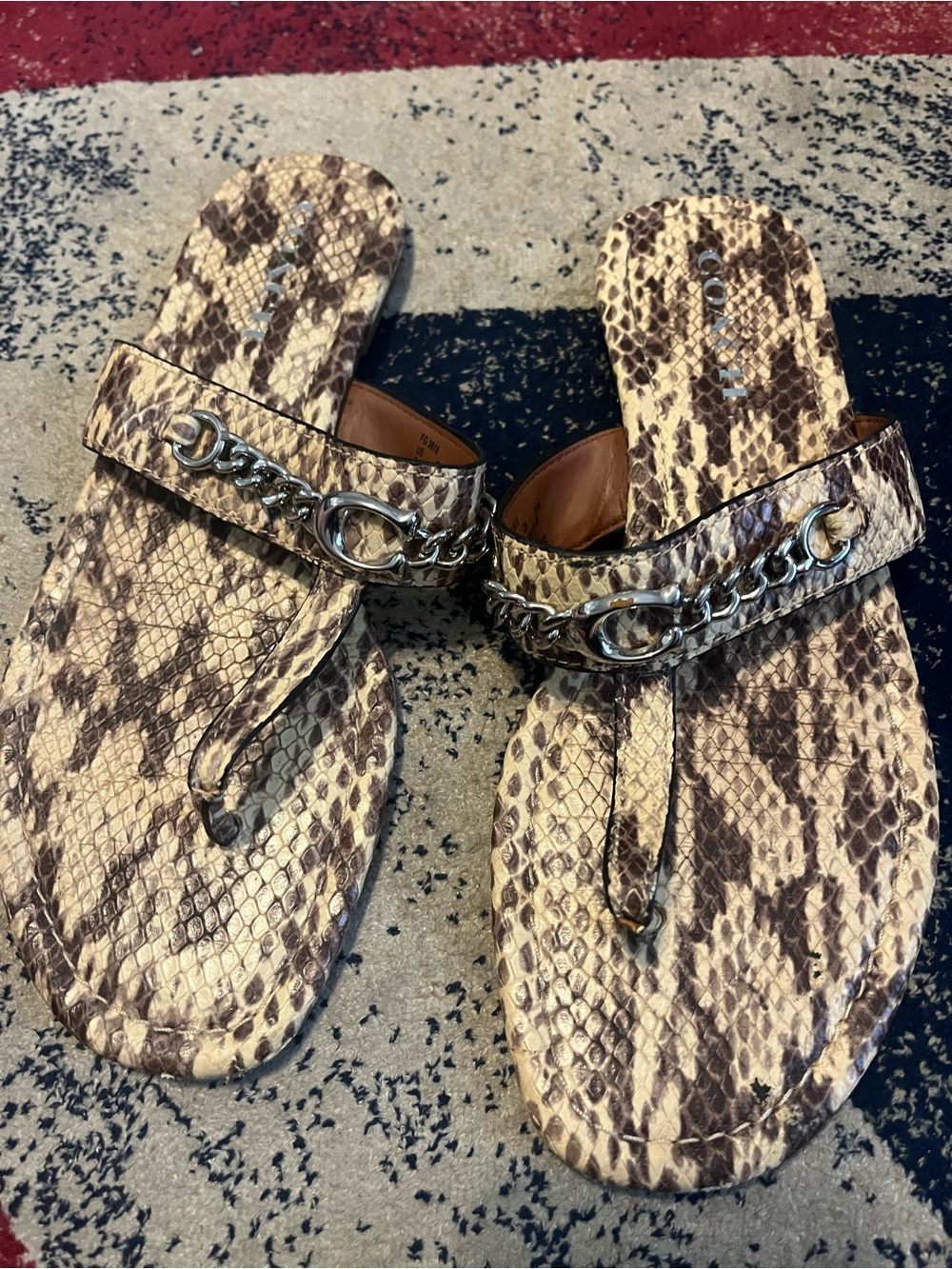 Coach Brown & Cream Snakeskin-Print Chain Thong Sandals